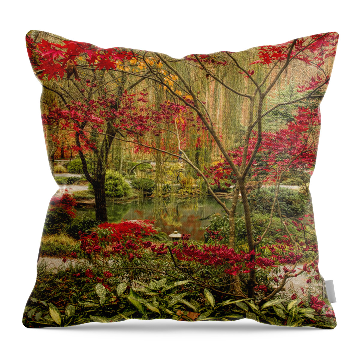 Fall Color Throw Pillow featuring the photograph Fall Color in the Japanese Gardens by Barbara Bowen