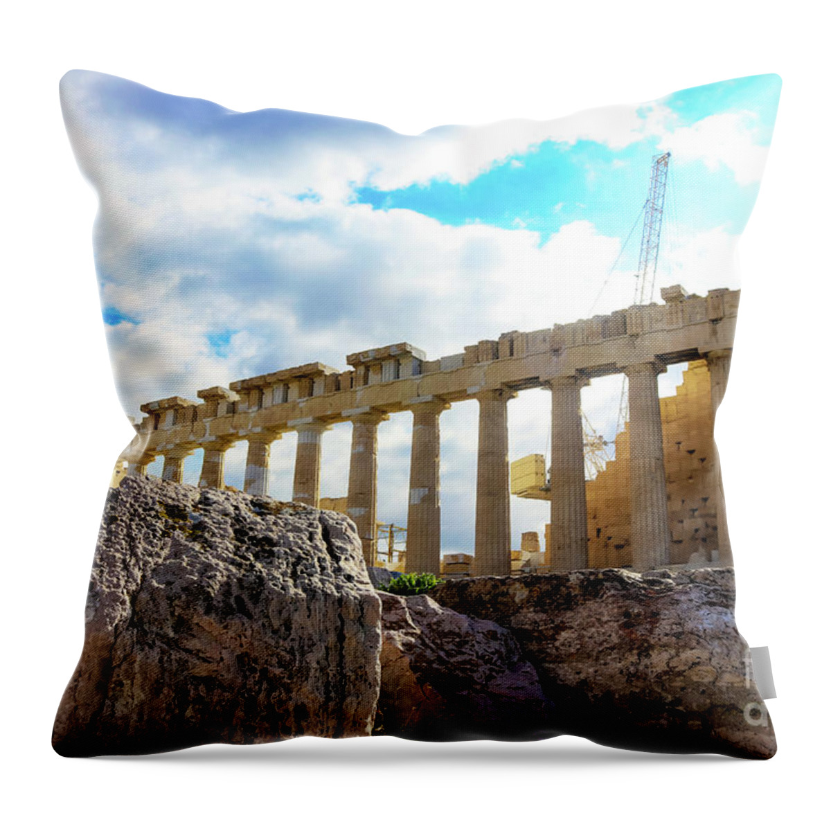 Parthenon Throw Pillow featuring the photograph Fallen columns in front of the Parthenon on the Athens Greece Acropolis by Susan Vineyard