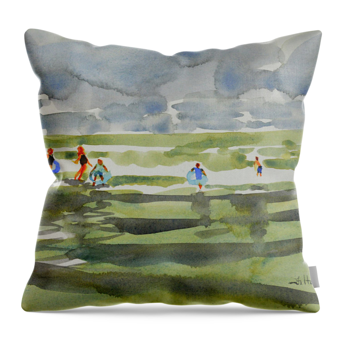Watercolor Beach Scenes Paintings Throw Pillow featuring the painting Family at the beach 2 by Julianne Felton