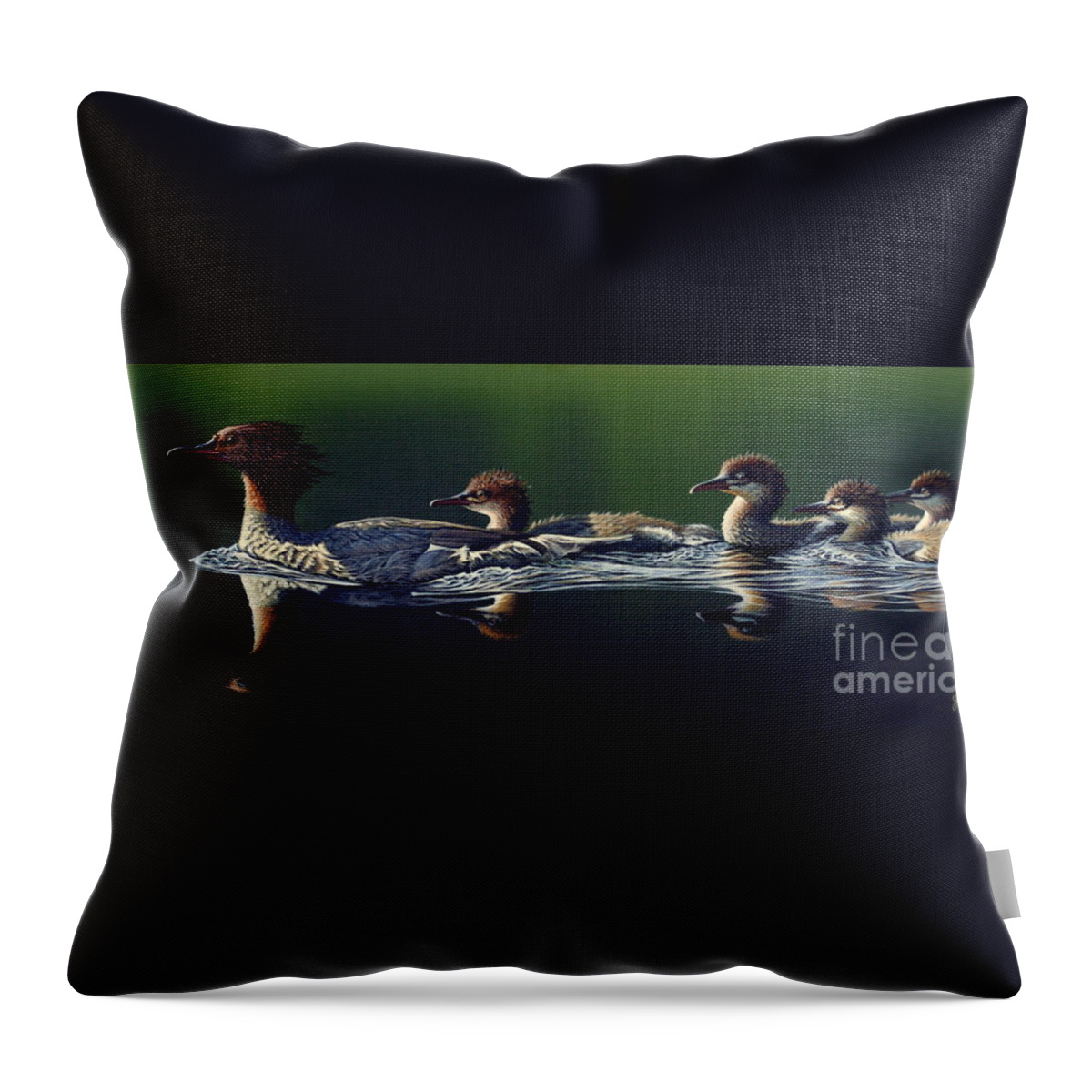 Merganser Throw Pillow featuring the painting Family Outing by Greg and Linda Halom