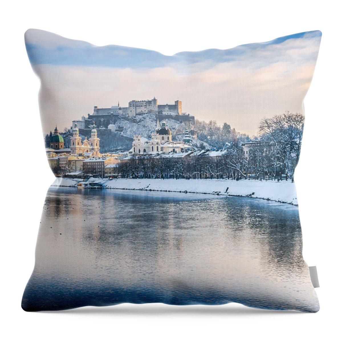 Alps Throw Pillow featuring the photograph Famous skyline of Salzburg in winter by JR Photography