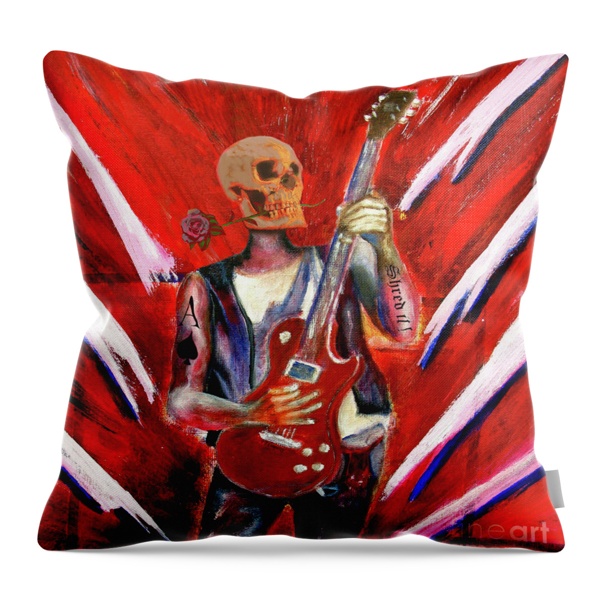 Guitar Throw Pillow featuring the painting Fantasy heavy metal skull guitarist by Tom Conway