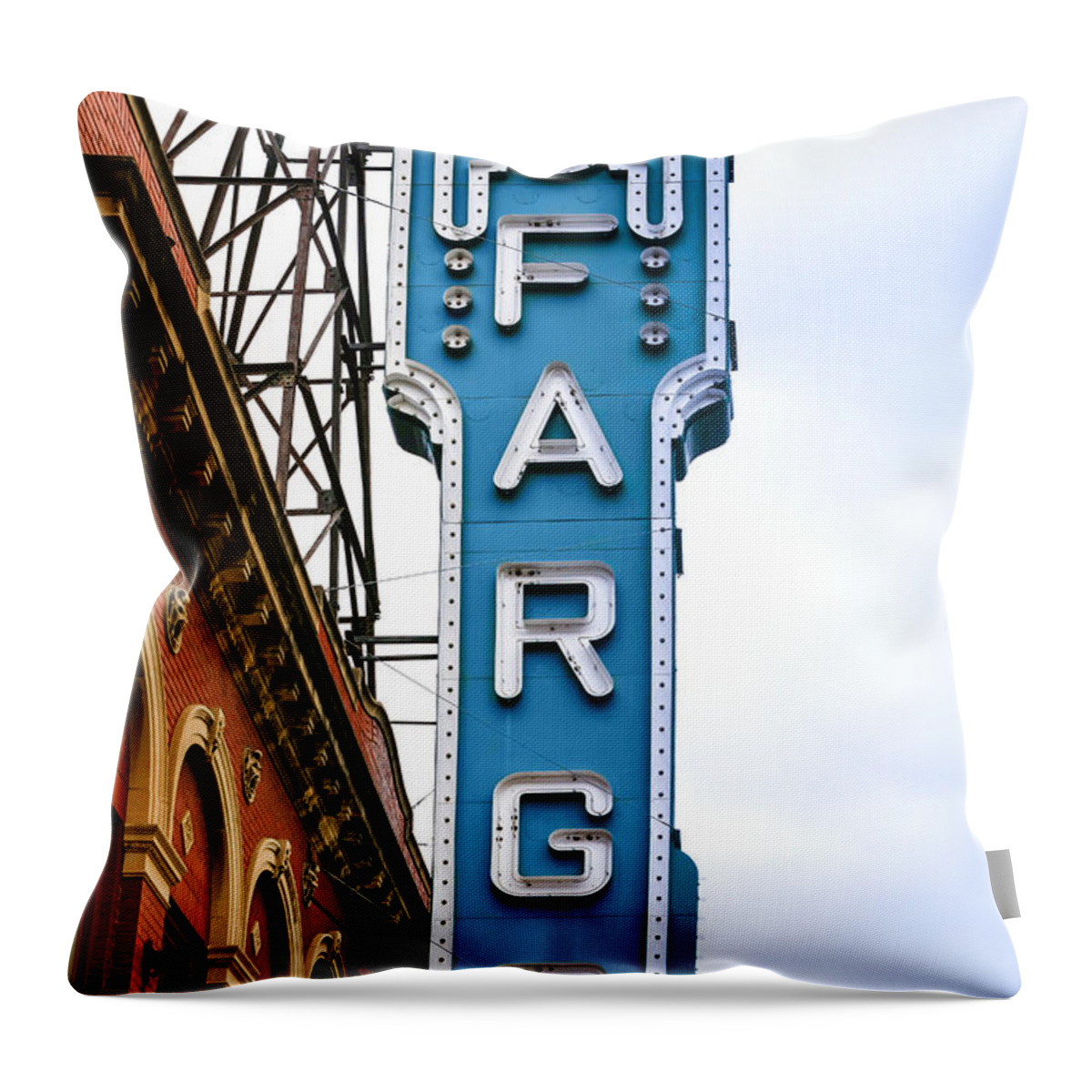 Fargo; Cinema; Blue; Overhead; Sign; City; Theater; Movie-house; Big; Screen; Film; Flicks; Motion; Pictures; Movies; Theater; Picture-show; Playhouse; Silver-screen; Centre; Performing; Arts; Hall; Locale; Site; Entertainment; Attraction; Recreation; Leisure; Lifestyles; Building; Architecture; Landmark; Nd; North; Dakota; America; Usa; Throw Pillow featuring the photograph Fargo Blue Theater Sign by Chris Smith