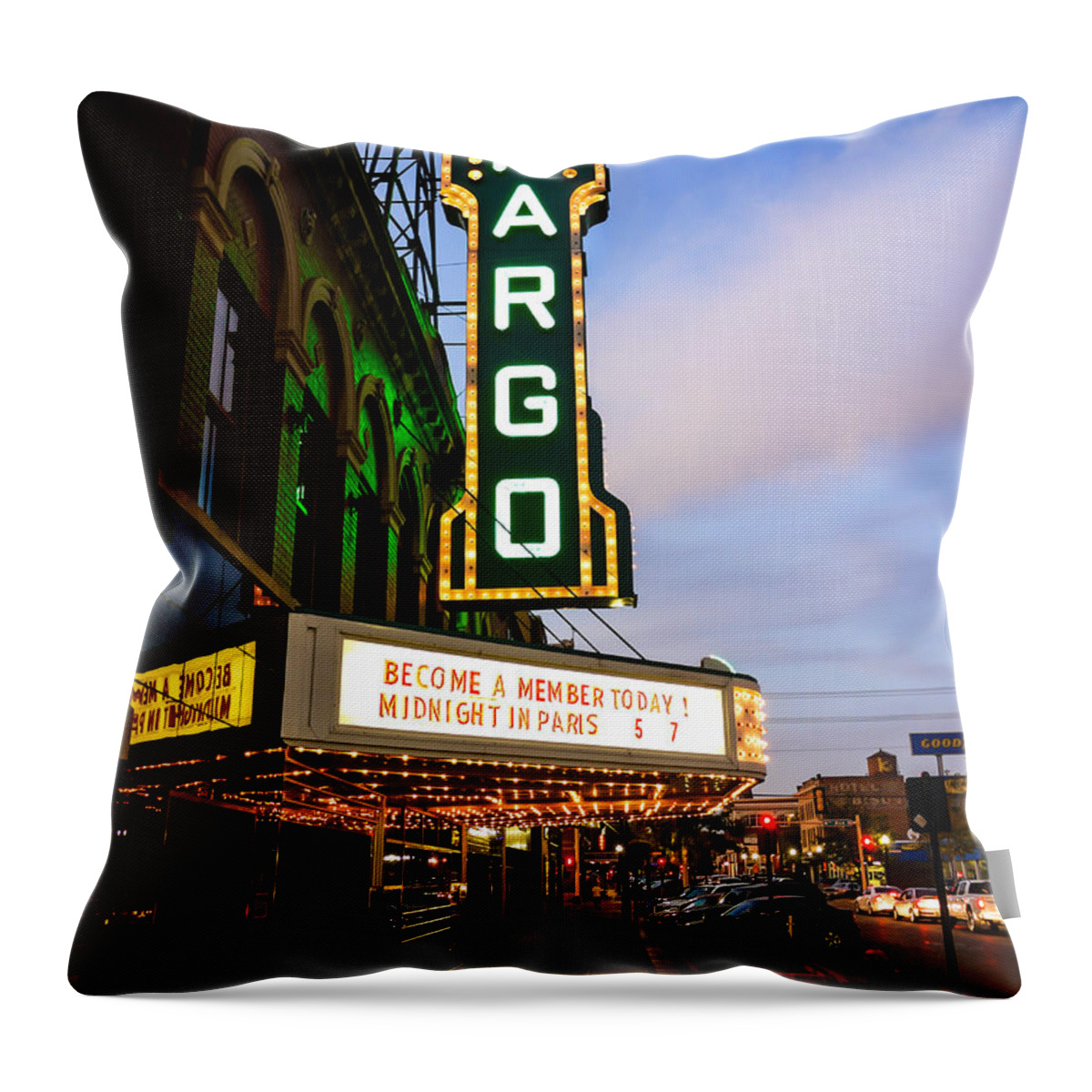 Fargo Throw Pillow featuring the photograph Fargo Theater and Downtown Along Broadway Drive by Paul Velgos