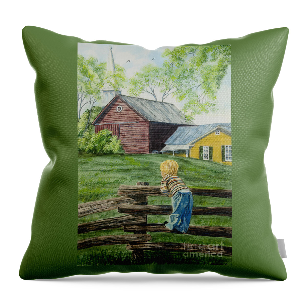 Country Kids Art Throw Pillow featuring the painting Farm Boy by Charlotte Blanchard