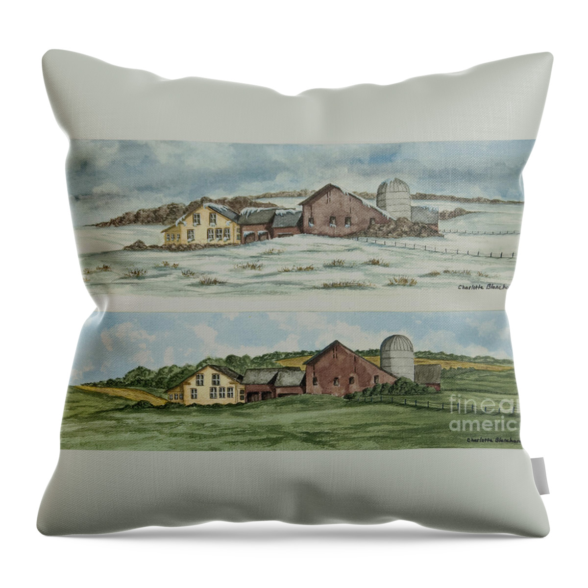 Winter Throw Pillow featuring the painting Farm Of Seasons by Charlotte Blanchard