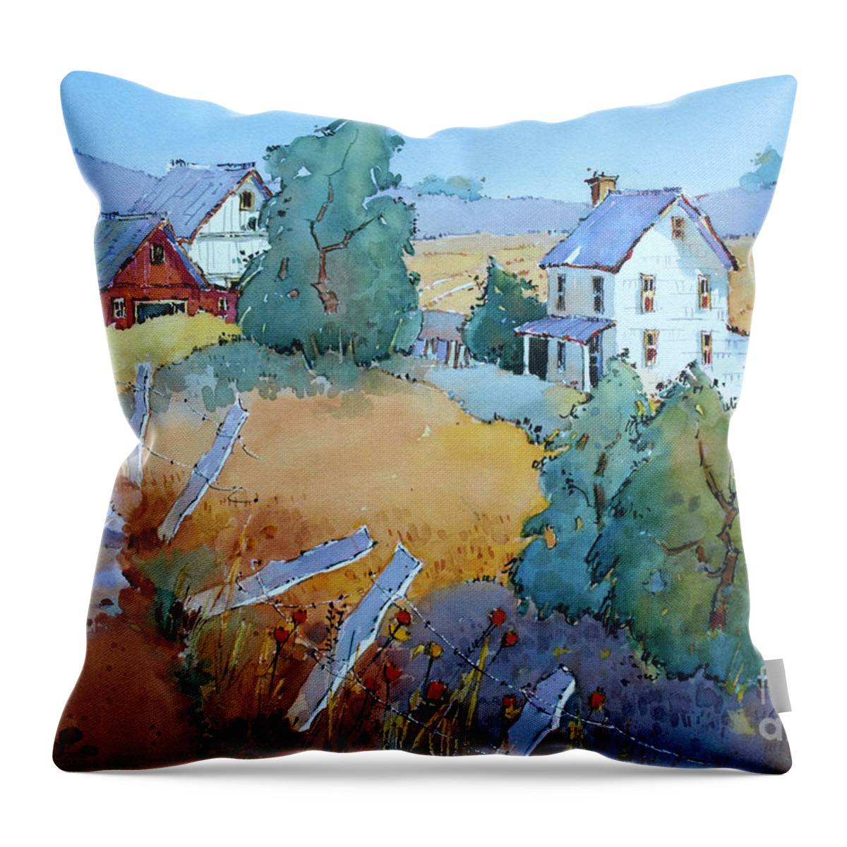 Farm Throw Pillow featuring the painting Farm with Blue Roof Tops by Joyce Hicks