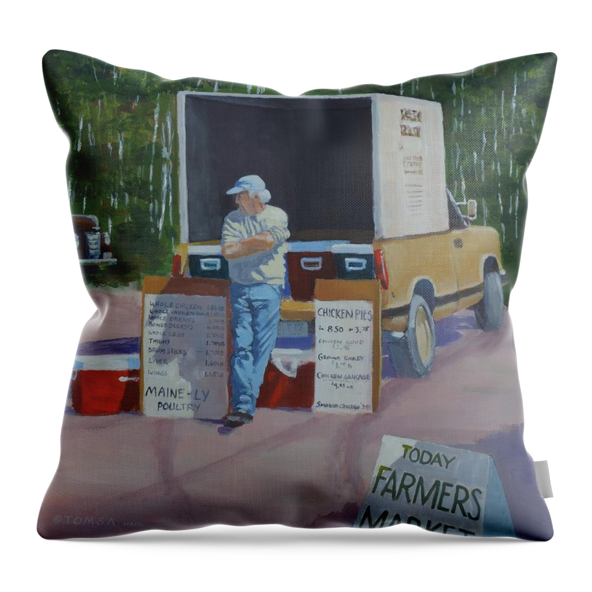 Saturday Throw Pillow featuring the painting Farmers Market Patience - Art by Bill Tomsa by Bill Tomsa