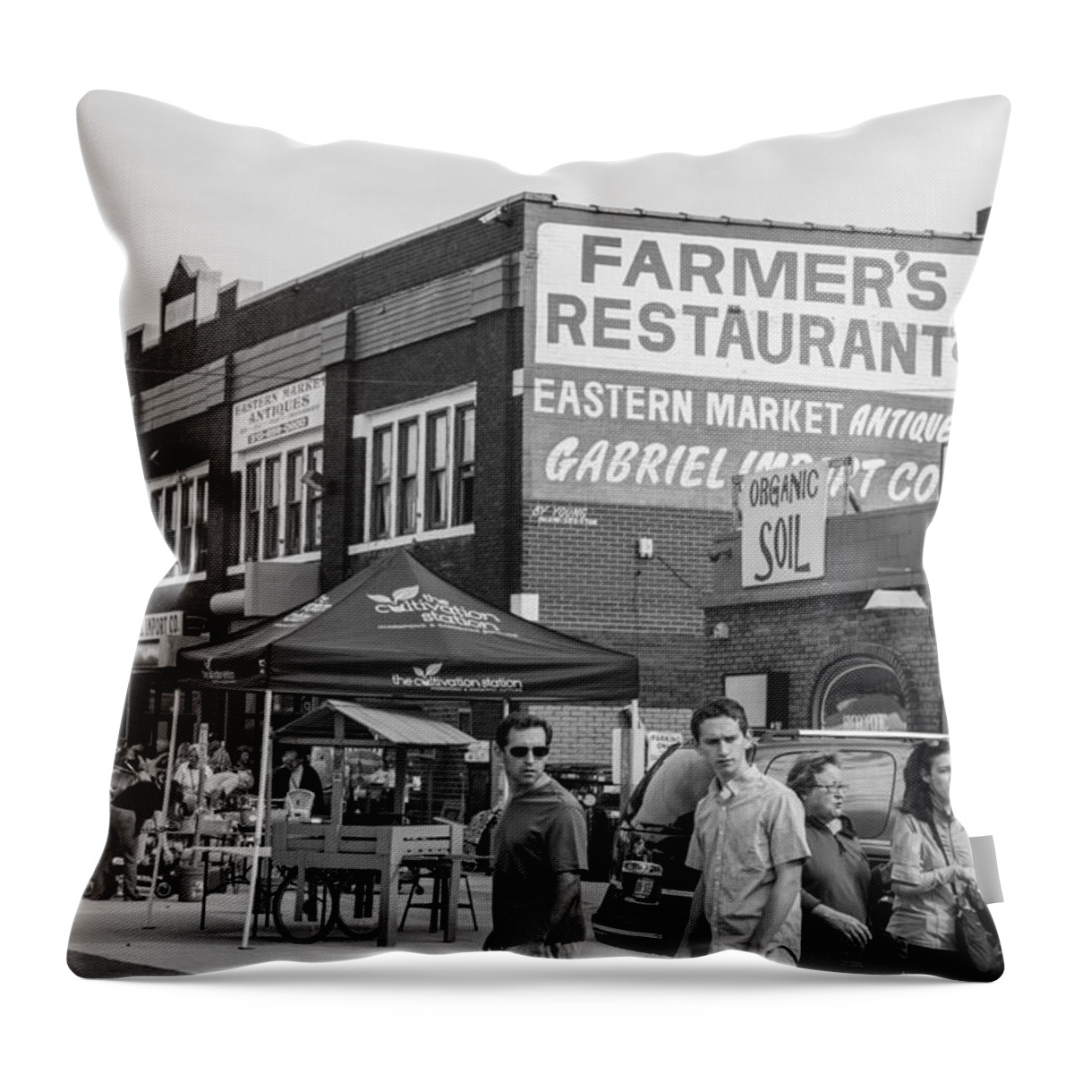 Detroit Throw Pillow featuring the photograph Farmers Restaurant in Detroit Black and White by John McGraw