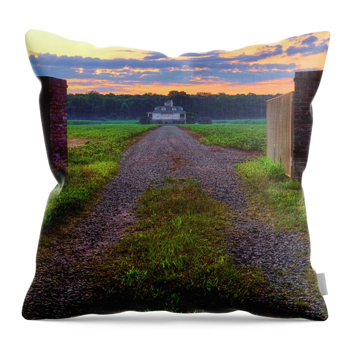 Farmhouse Throw Pillow featuring the photograph Farmhouse Sunrise - Arkansas - Landscape by Jason Politte
