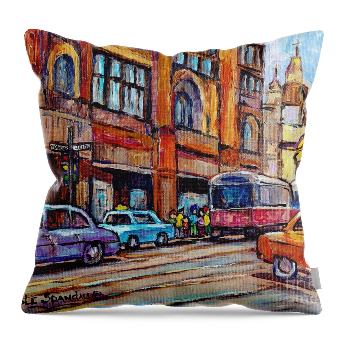 Montreal Throw Pillow featuring the painting Tram Streetcars At The Bay Downtown Montreal Vintage Paintings For Sale C Spandau City Scene Artist by Carole Spandau