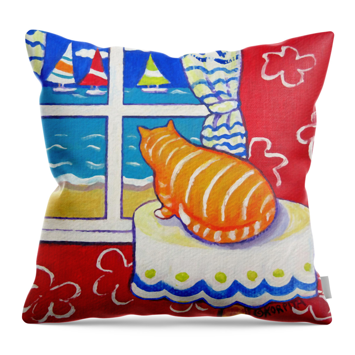 Fat Orange Tabby Cat Throw Pillow featuring the painting Fat Orange Tabby Cat Window Seashore Sailboats by Rebecca Korpita