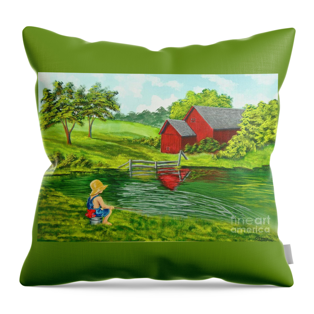 Country Kids Art Throw Pillow featuring the painting Favorite Fishing Hole by Charlotte Blanchard