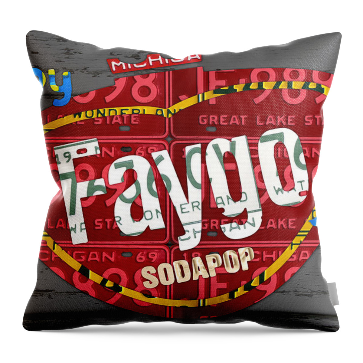 Faygo Throw Pillow featuring the mixed media Faygo Soda Pop Recycled Vintage Michigan License Plate Art on Gray Distressed Barn Wood by Design Turnpike