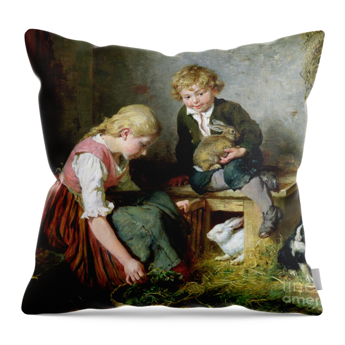 Feeding Throw Pillow featuring the painting Feeding the Rabbits by Felix Schlesinger