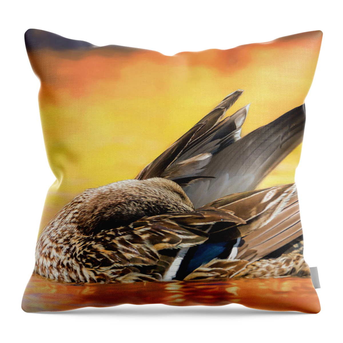 Duck Throw Pillow featuring the photograph Female Mallard Preening by Bill and Linda Tiepelman