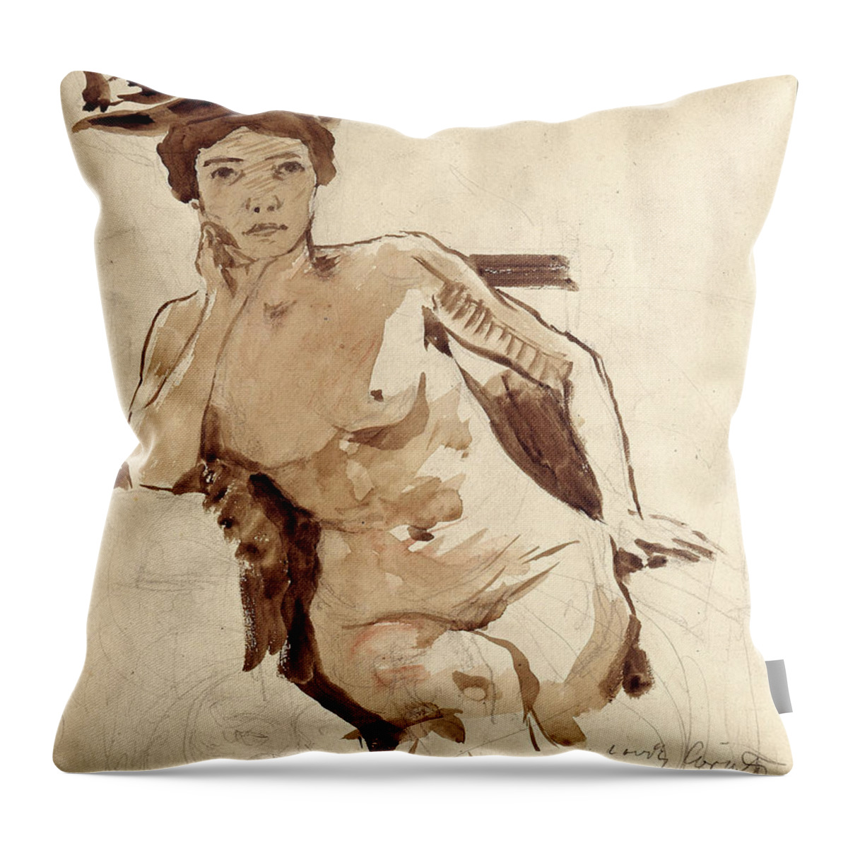 Lovis Corinth Throw Pillow featuring the drawing Female Semi-Nude with Hat by Lovis Corinth
