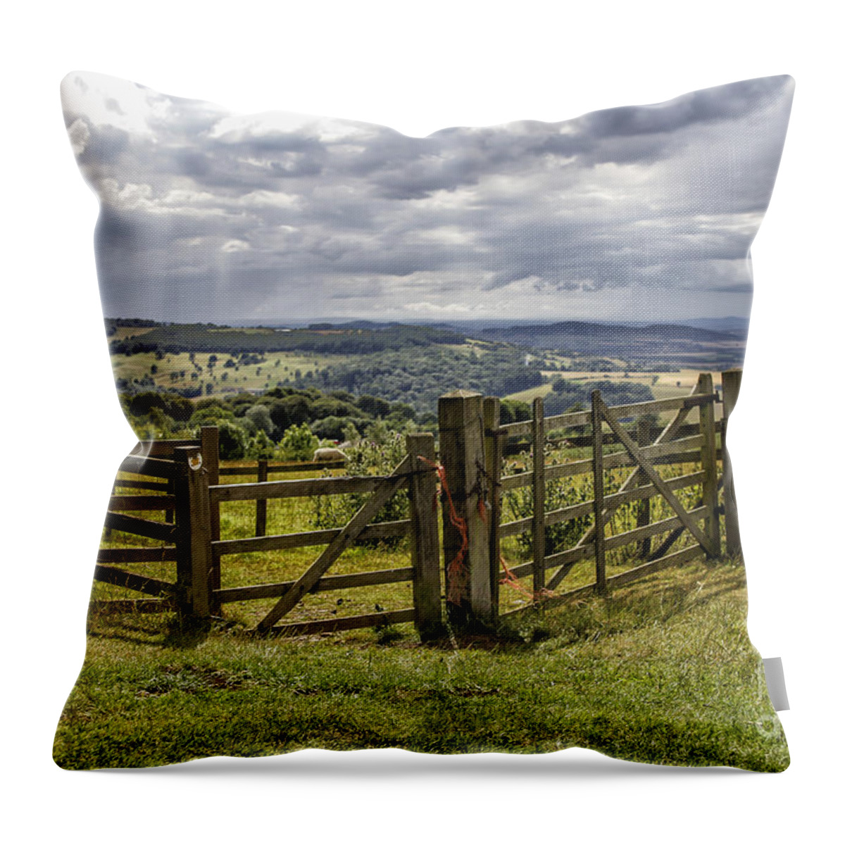 English Throw Pillow featuring the photograph Fence in beautiful Cotswalds landscape by Patricia Hofmeester