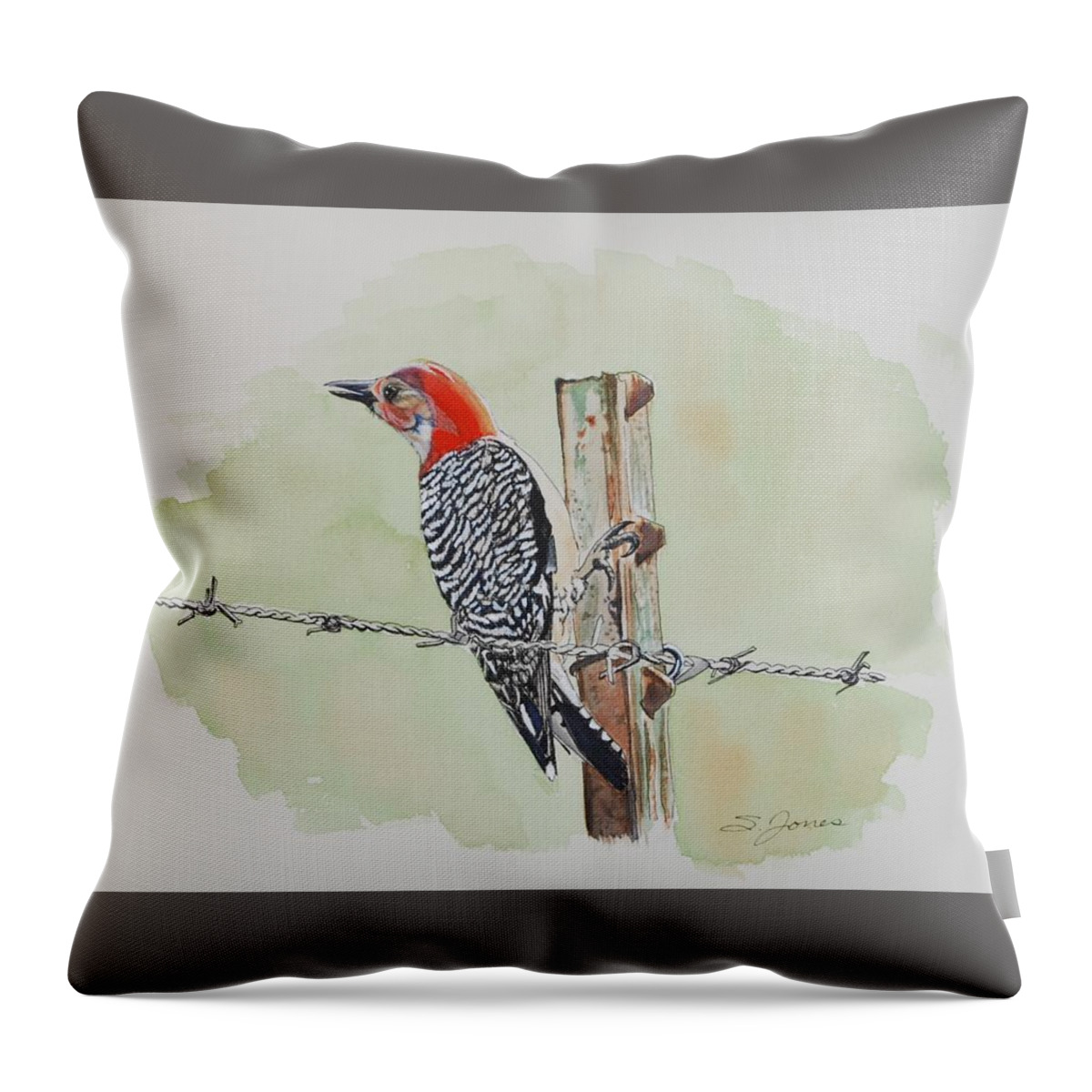 Woodpecker Throw Pillow featuring the mixed media Fence Sitting by Sonja Jones