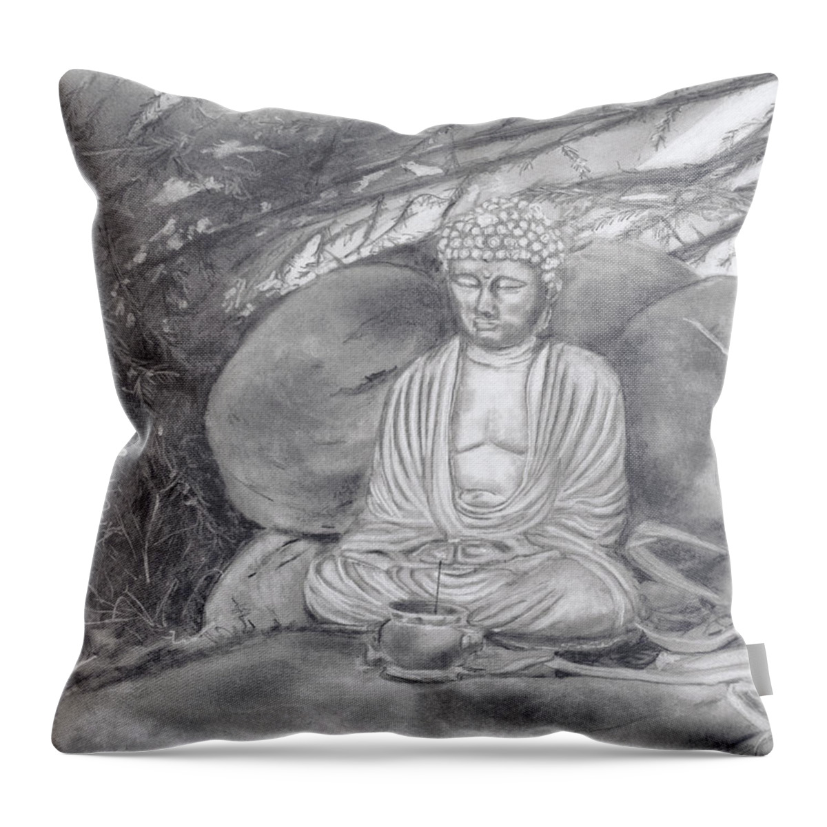 Serenity Throw Pillow featuring the drawing Feng Shui Garden Buddha by Madeleine Arnett
