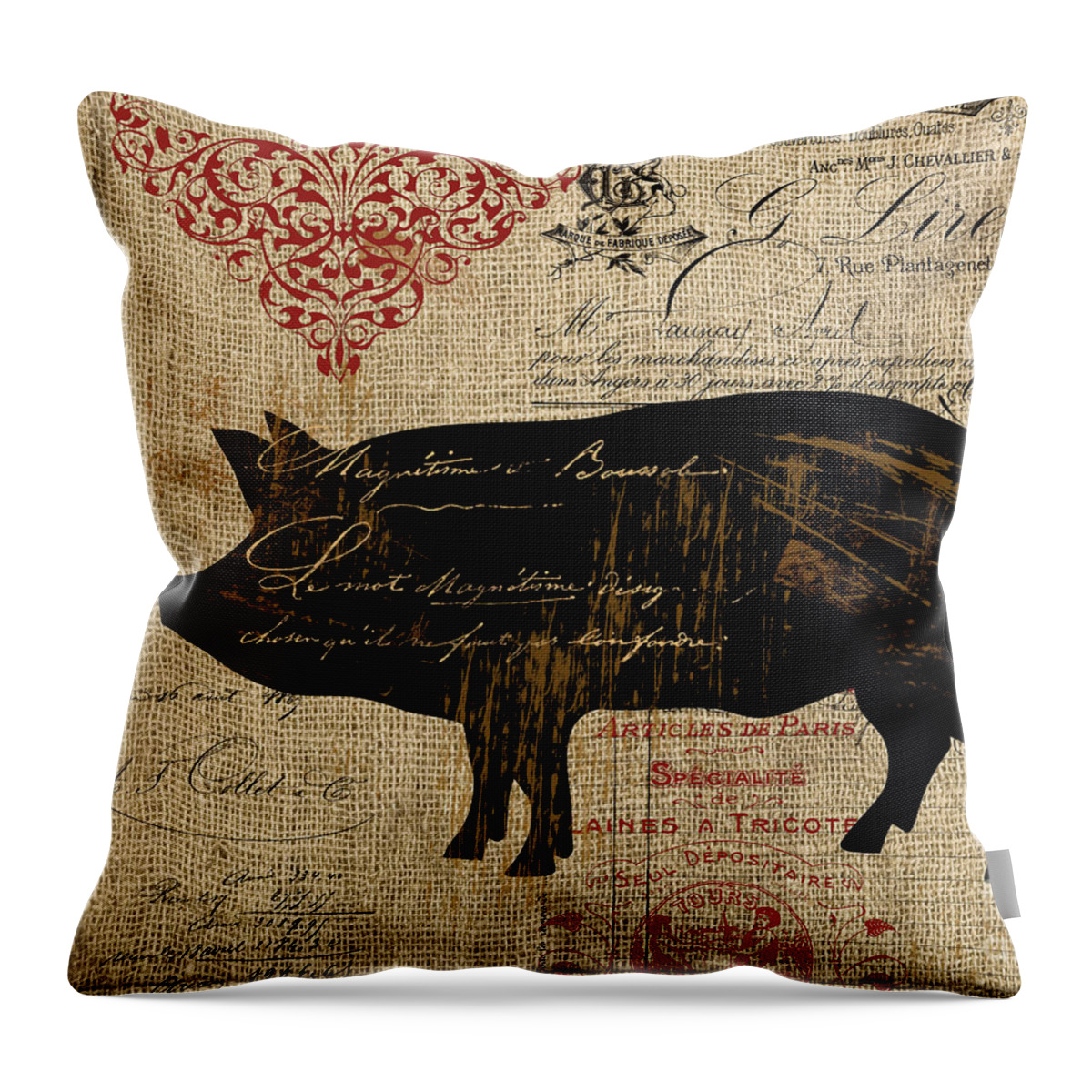 Cow Throw Pillow featuring the painting Ferme Farm Piglet by Mindy Sommers