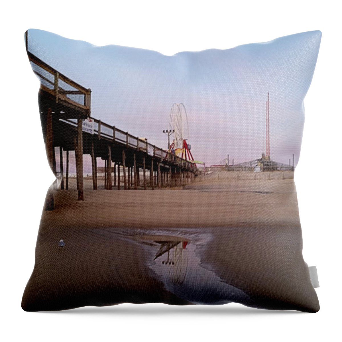 Oc Fishing Pier Throw Pillow featuring the photograph Ferris Wheel Reflection at Dawn by Robert Banach