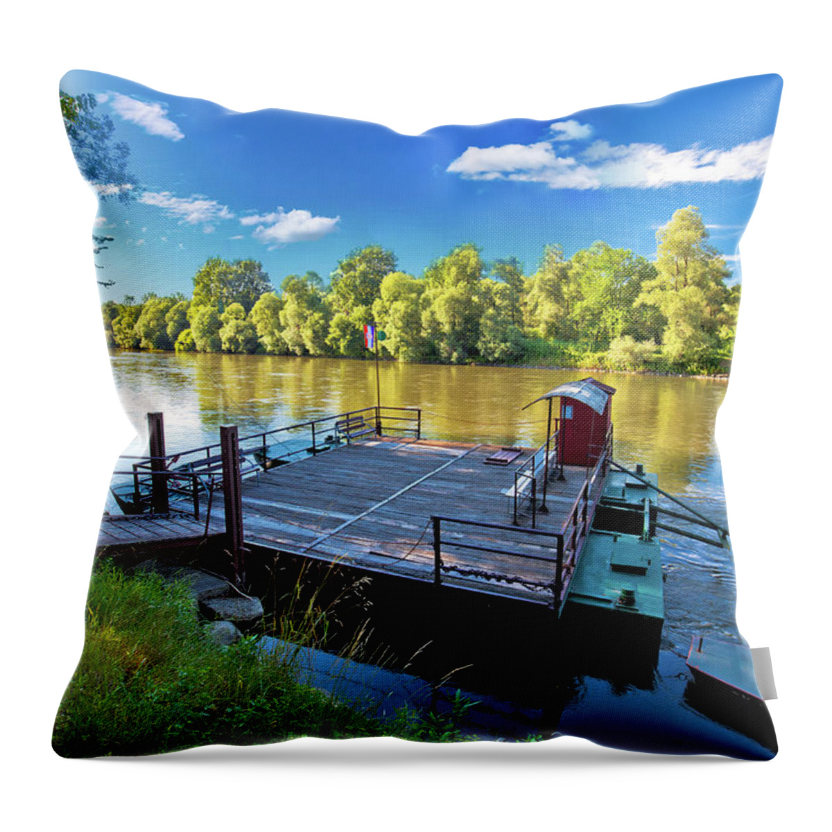 Ferry Throw Pillow featuring the photograph Ferry on Mura river in Medjimurje region view by Brch Photography