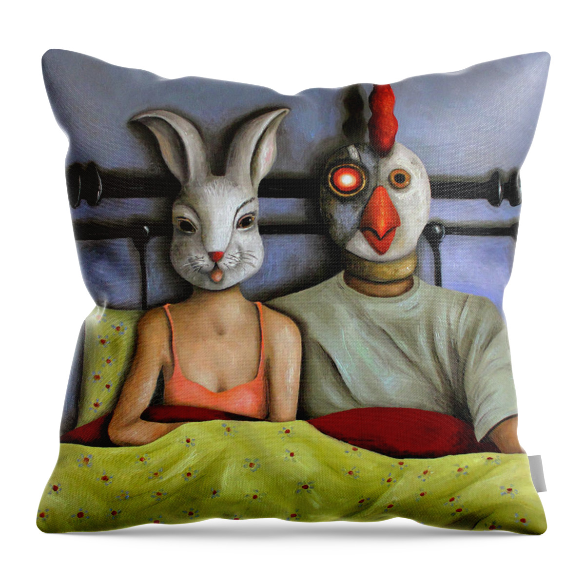 Robot Throw Pillow featuring the painting Fetish Nightmare by Leah Saulnier The Painting Maniac