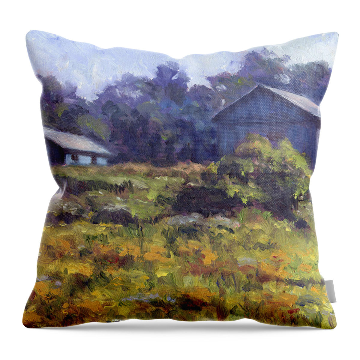 Impressionist Throw Pillow featuring the painting Field, Barn, and Shed by Michael Camp