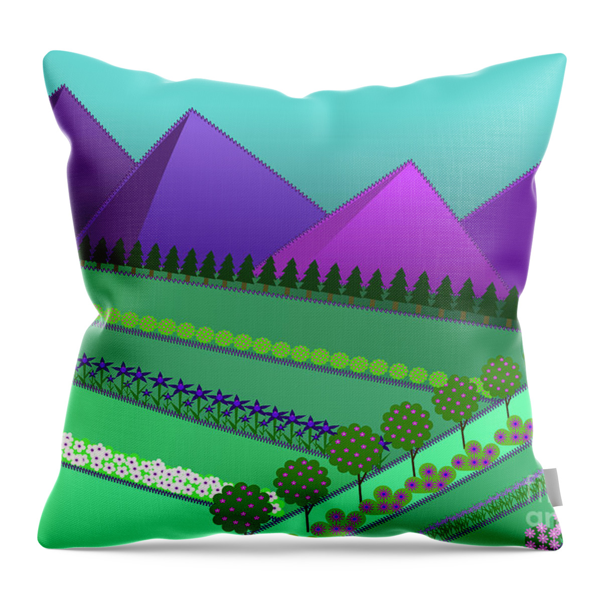 Fields Of Dreams Throw Pillow featuring the digital art Fields of Dreams and Mountains by Barefoot Bodeez Art