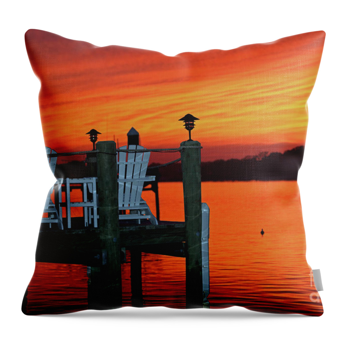 Landscape Throw Pillow featuring the photograph Fiery Dock Sunset by Mary Haber