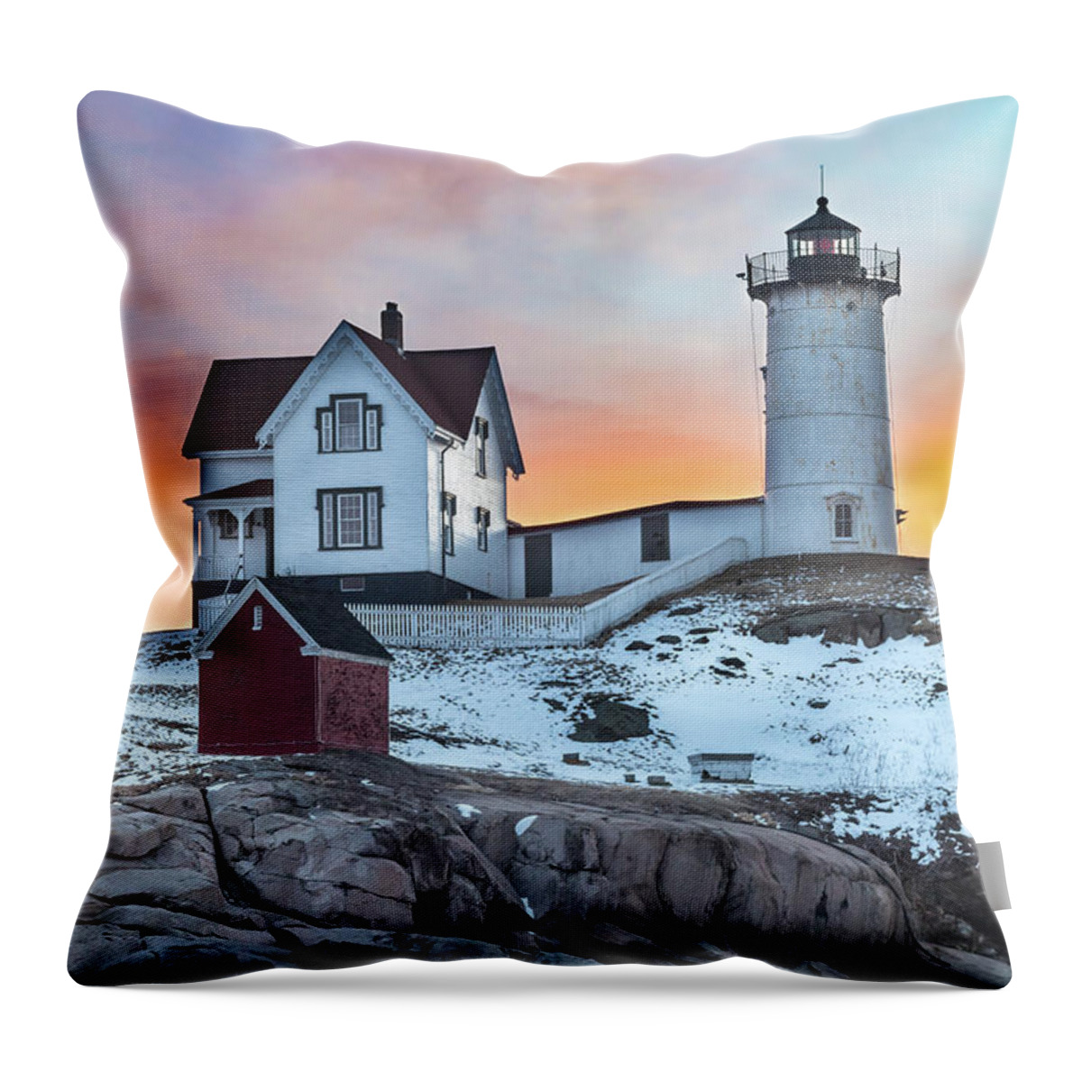 Cape Neddick Lighthouse Throw Pillow featuring the photograph Fiery Sunrise at Cape Neddick Lighthouse by Kristen Wilkinson