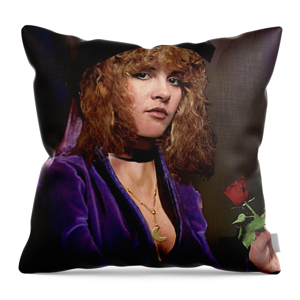 Fine Art Throw Pillow featuring the painting Fine Art Digital Portrait Stevie Nicks Crescent Moon Top Hat by G Linsenmayer
