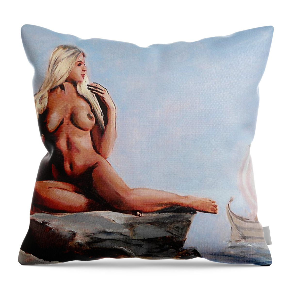 Original Throw Pillow featuring the painting Fine Art Female Nude Jennie As Seanympth Goddess Multimedia Painting by G Linsenmayer