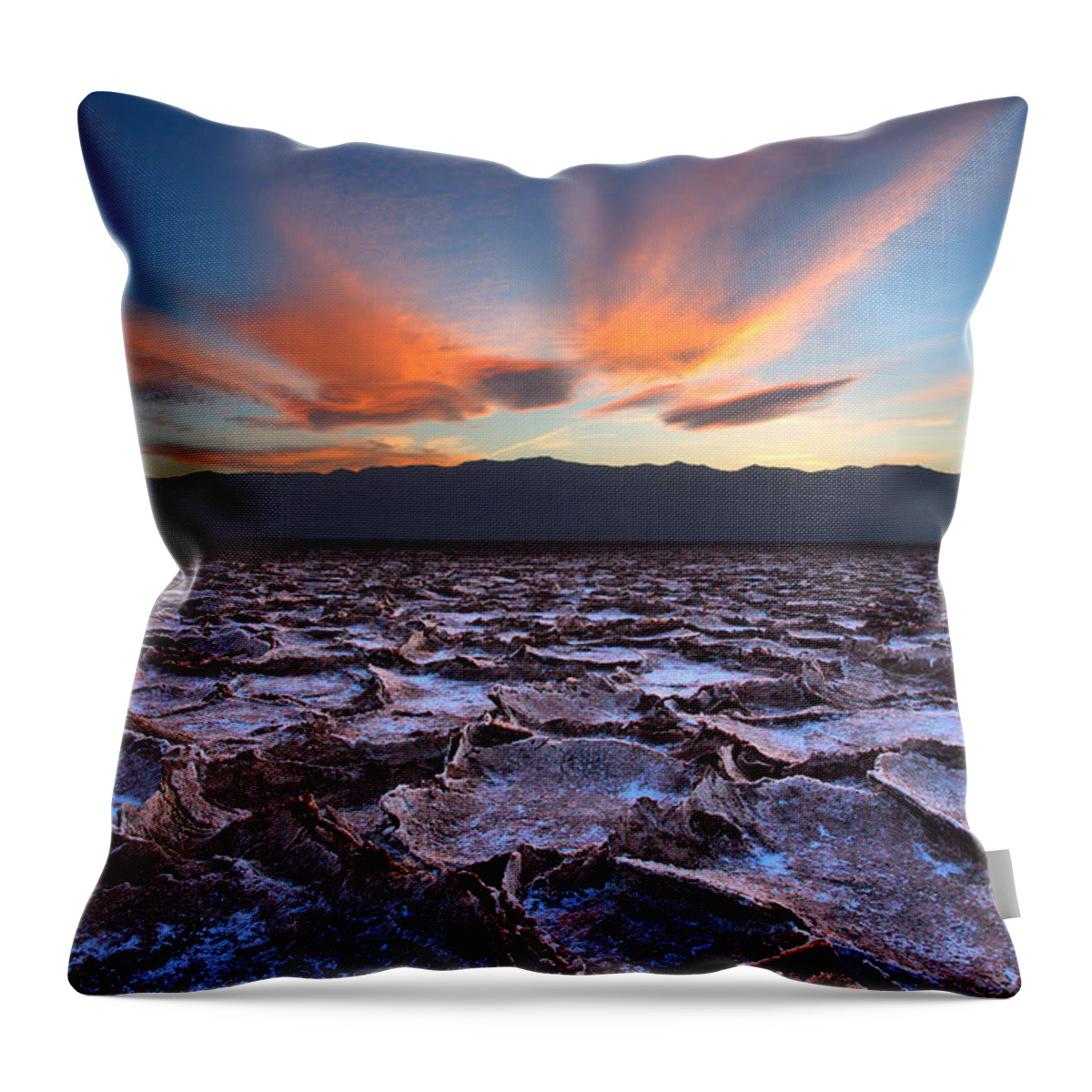 Badwater; Below Sea Level; Death Valley; Landscape; Minus 282; Mud; National Park; Ridges; Salt; Salt Pan; Sunset; Throw Pillow featuring the photograph Fire in the Sky and Embers Down Below by David Andersen