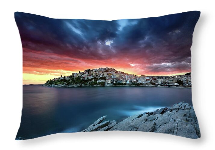 Kavala Throw Pillow featuring the photograph Fire In The Sky by Elias Pentikis