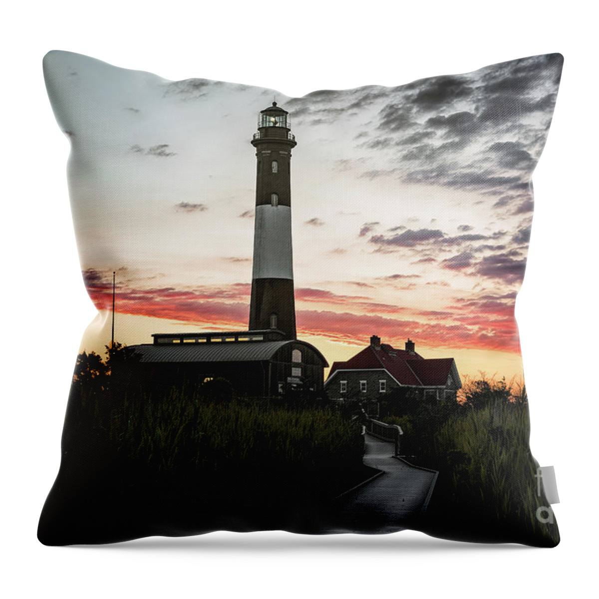 Fire Island Lighthouse Throw Pillow featuring the photograph Fire Island Lighthouse Sunrise by Alissa Beth Photography