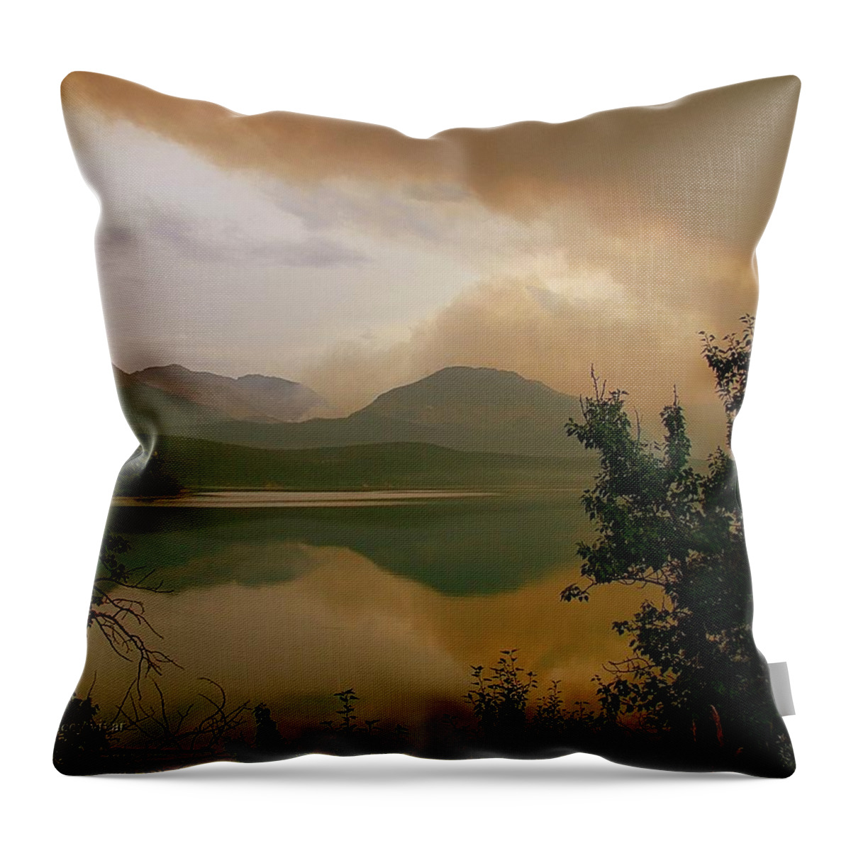 St Mary Lake Throw Pillow featuring the photograph Fire Over St Mary Lake by Tracey Vivar