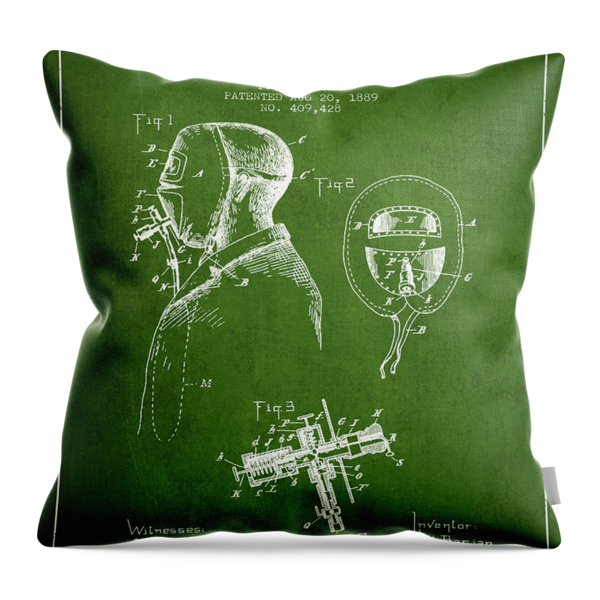 Fireman Throw Pillow featuring the digital art Firemans Safety Helmet Patent from 1889 - Green by Aged Pixel