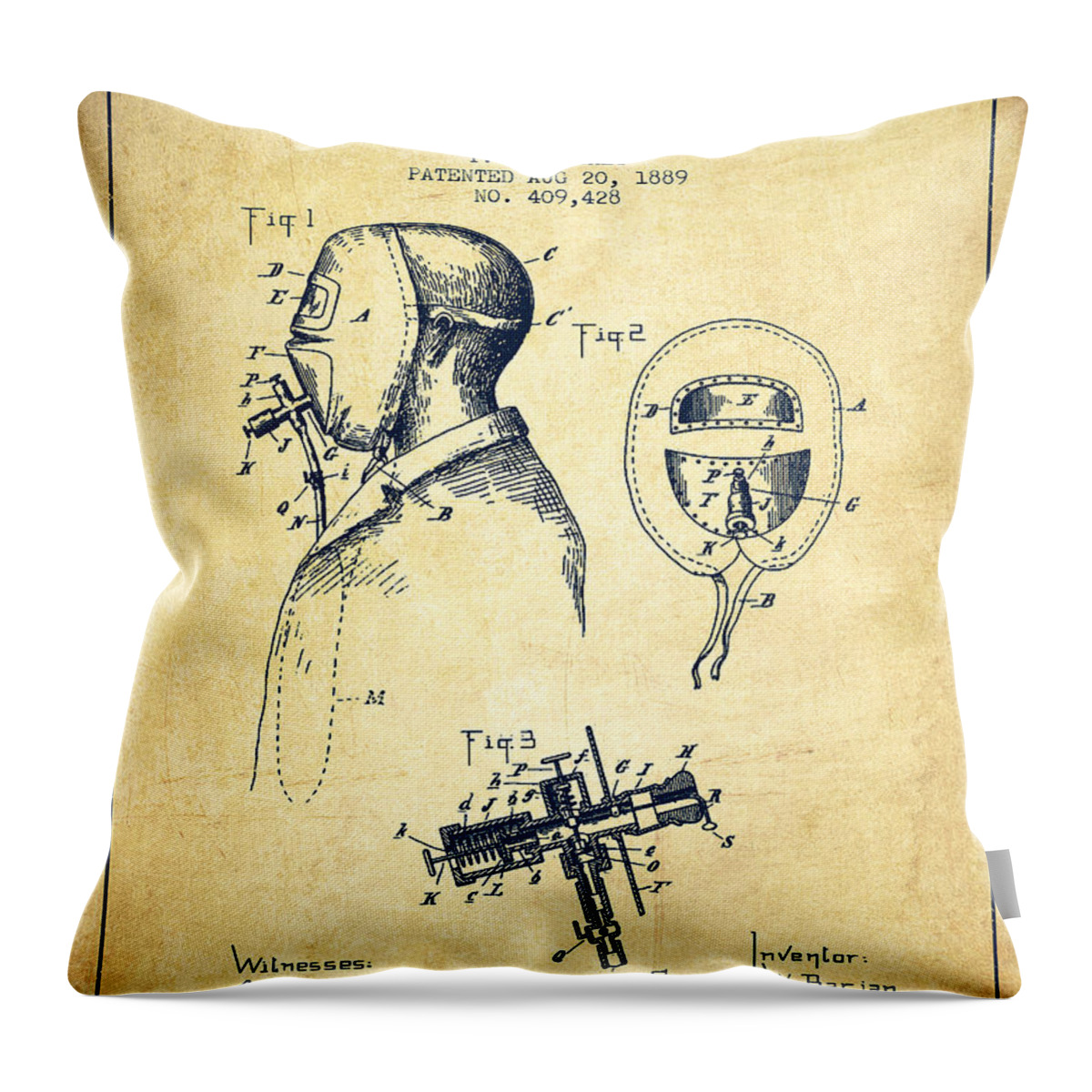 Fireman Throw Pillow featuring the digital art Firemans Safety Helmet Patent from 1889 - Vintage by Aged Pixel