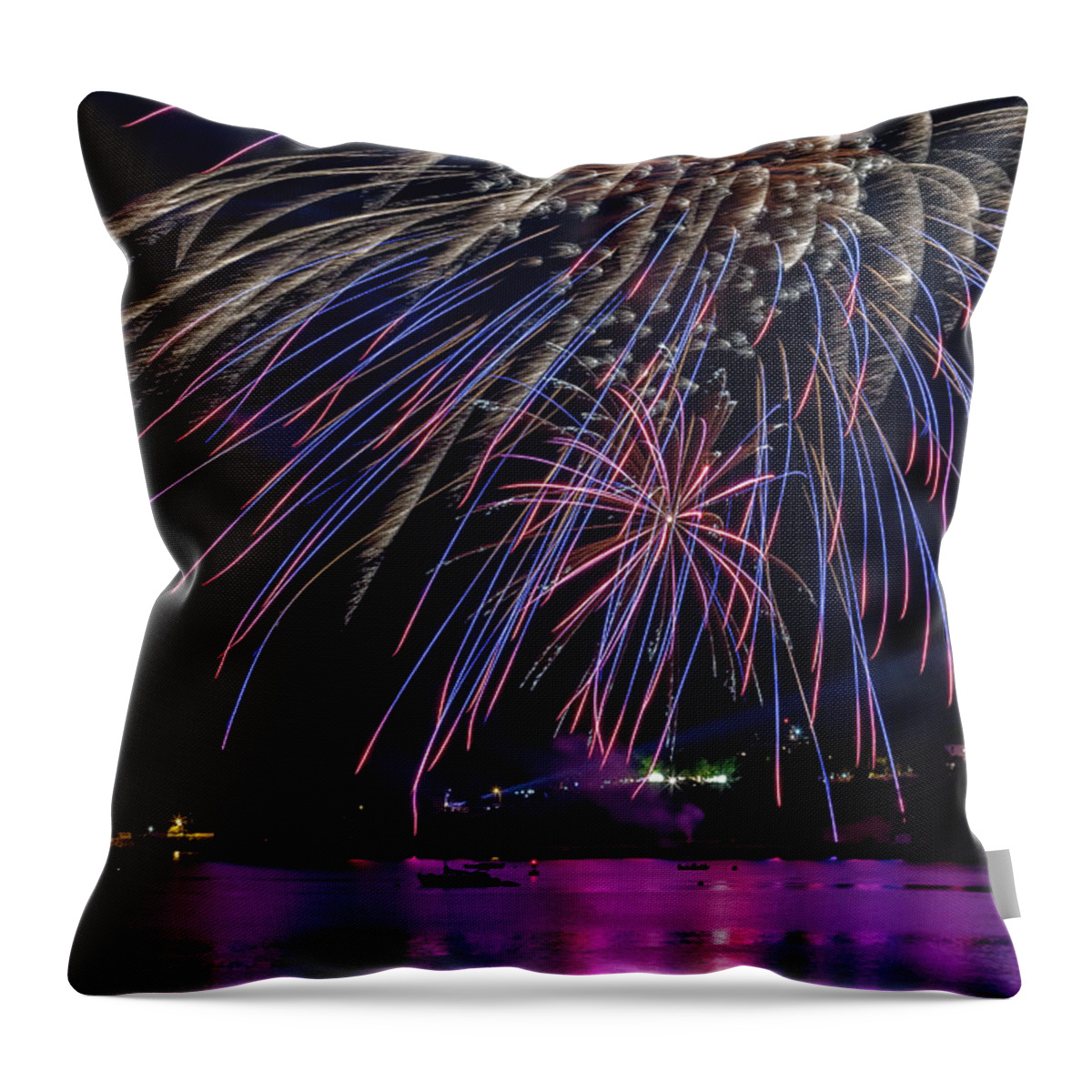 Maine Throw Pillow featuring the photograph Fireworks over Portland, Maine #2 by Colin Chase