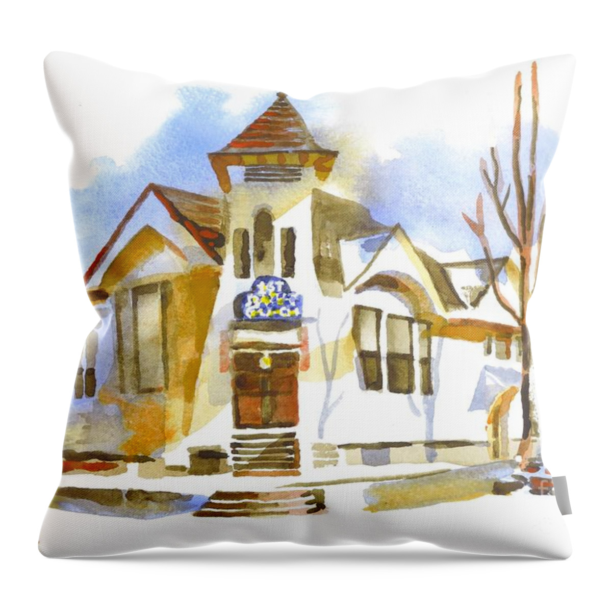 First Baptist Church In Winter Throw Pillow featuring the painting First Baptist Church in Winter by Kip DeVore