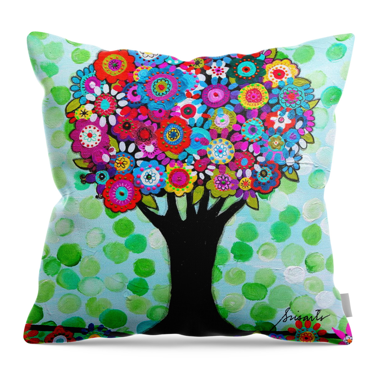 Tree Of Life Throw Pillow featuring the painting First Day Of Spring by Pristine Cartera Turkus