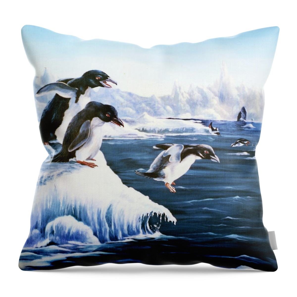 Antarctica Throw Pillow featuring the painting First Leap by Anthony DiNicola