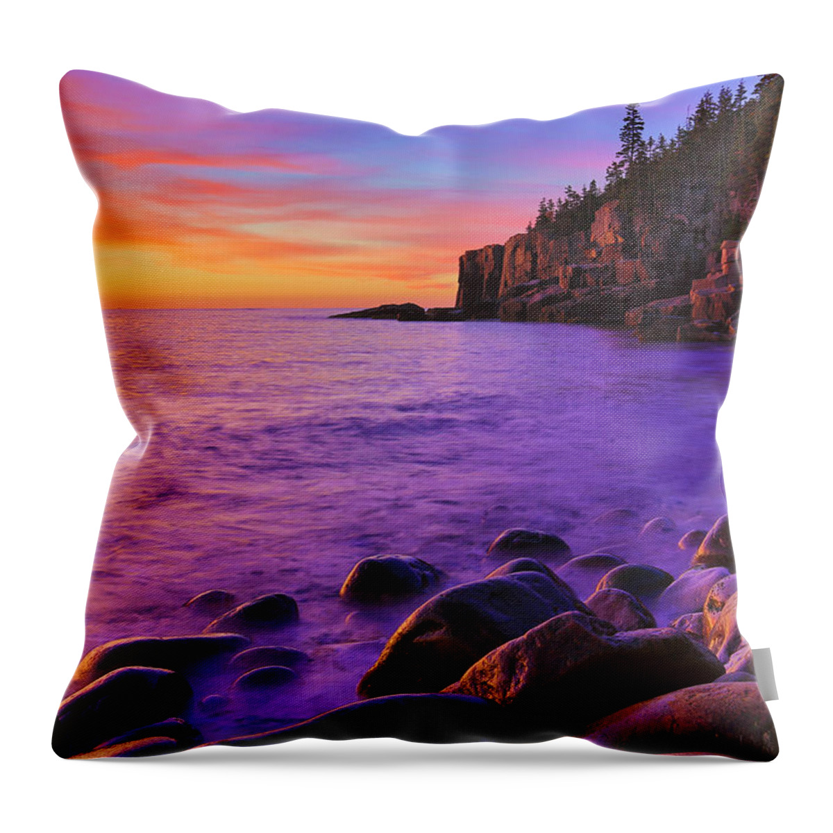 Acadia Throw Pillow featuring the photograph First Light at Boulder Beach by Nancy Dunivin