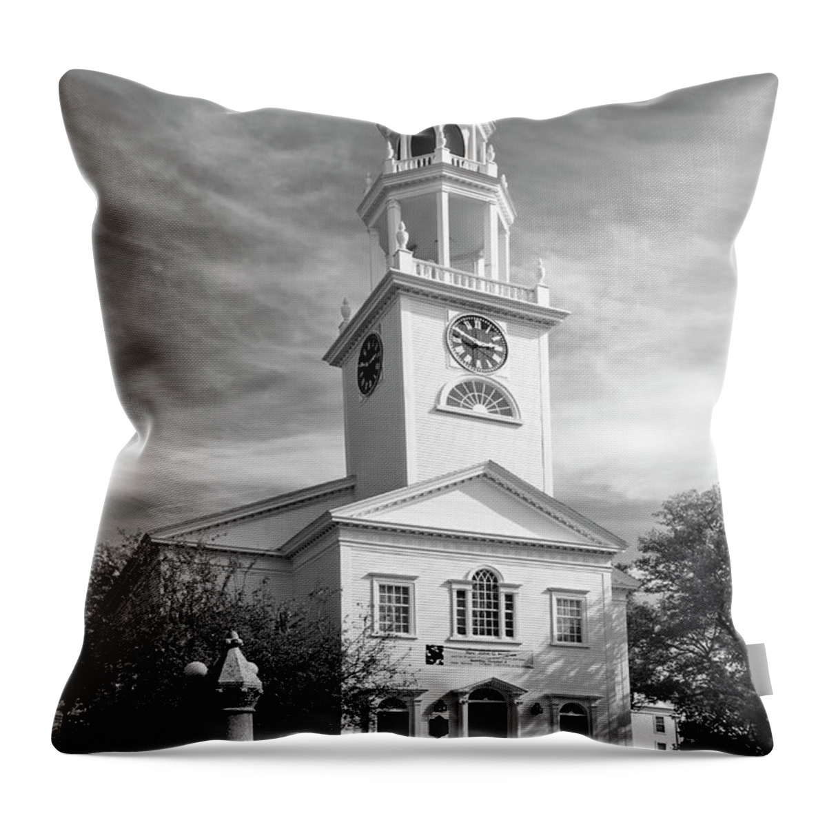 First Parish Church; Church; Massachusetts; Manchester By The Sea; Blank And White; Country; Parish Throw Pillow featuring the photograph First Parish Church by Mick Burkey
