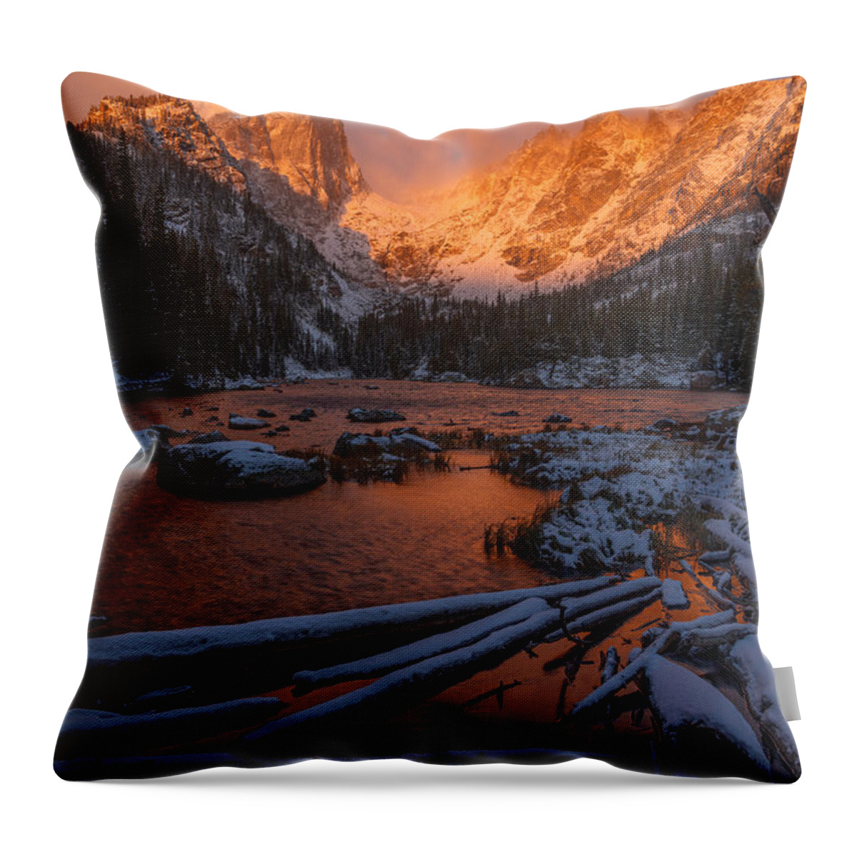 Colorado Throw Pillow featuring the photograph First Snow at Dream Lake by Dustin LeFevre