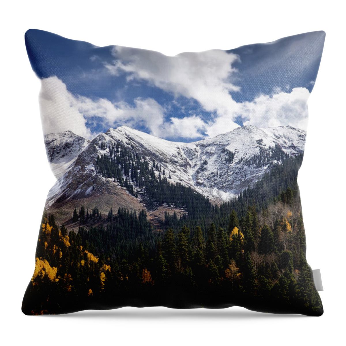 Mountains Throw Pillow featuring the photograph First Snow by Jen Manganello