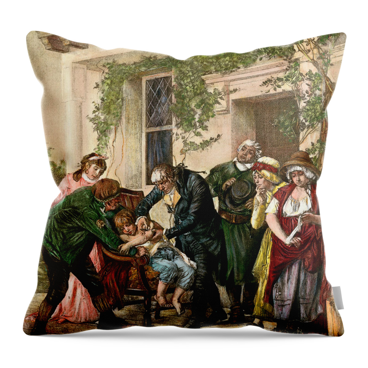 1796 Throw Pillow featuring the drawing First Vaccination, 1796 by Granger