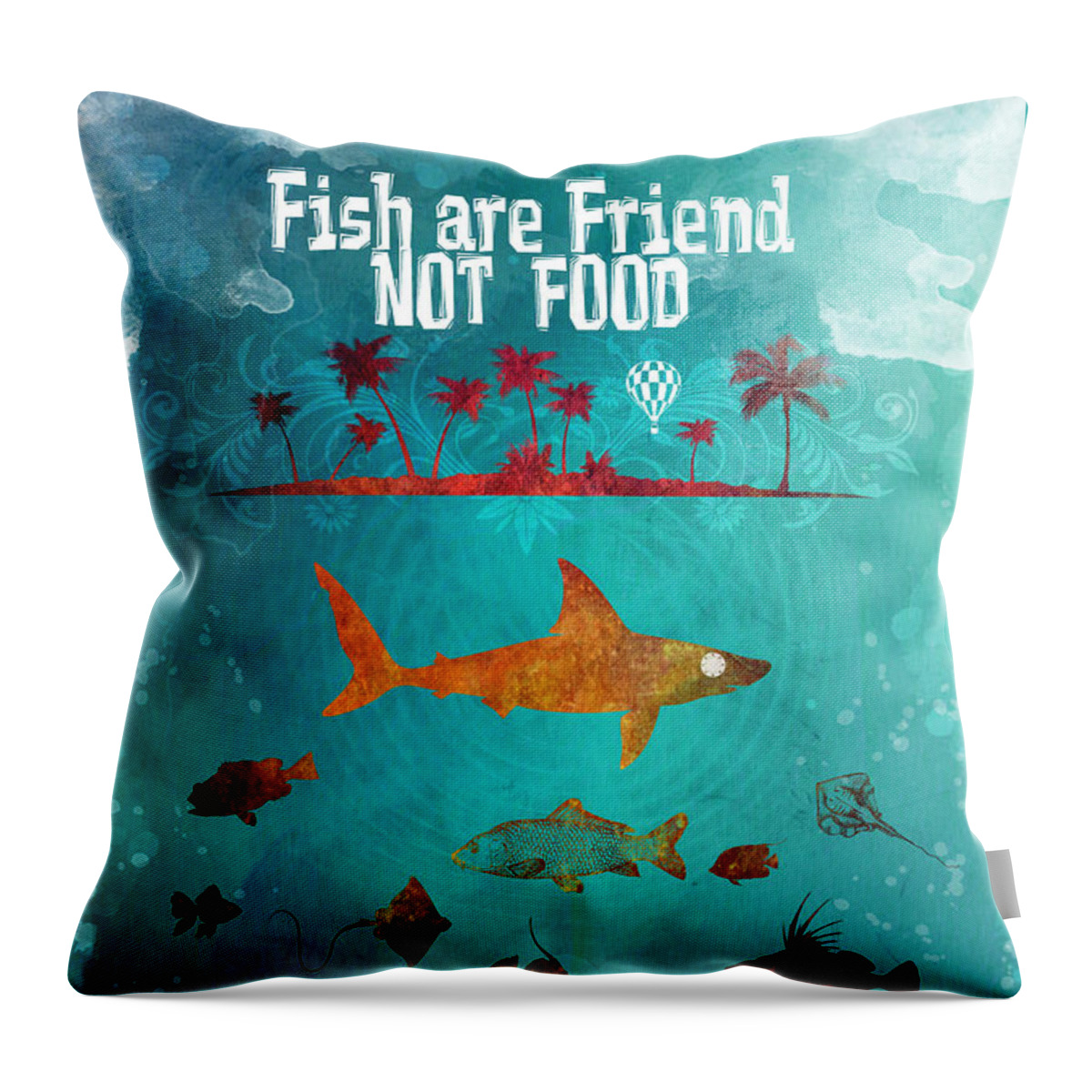Fish Are Friend Not Food Throw Pillow featuring the digital art Fish are friend not food poker by Justyna Jaszke JBJart
